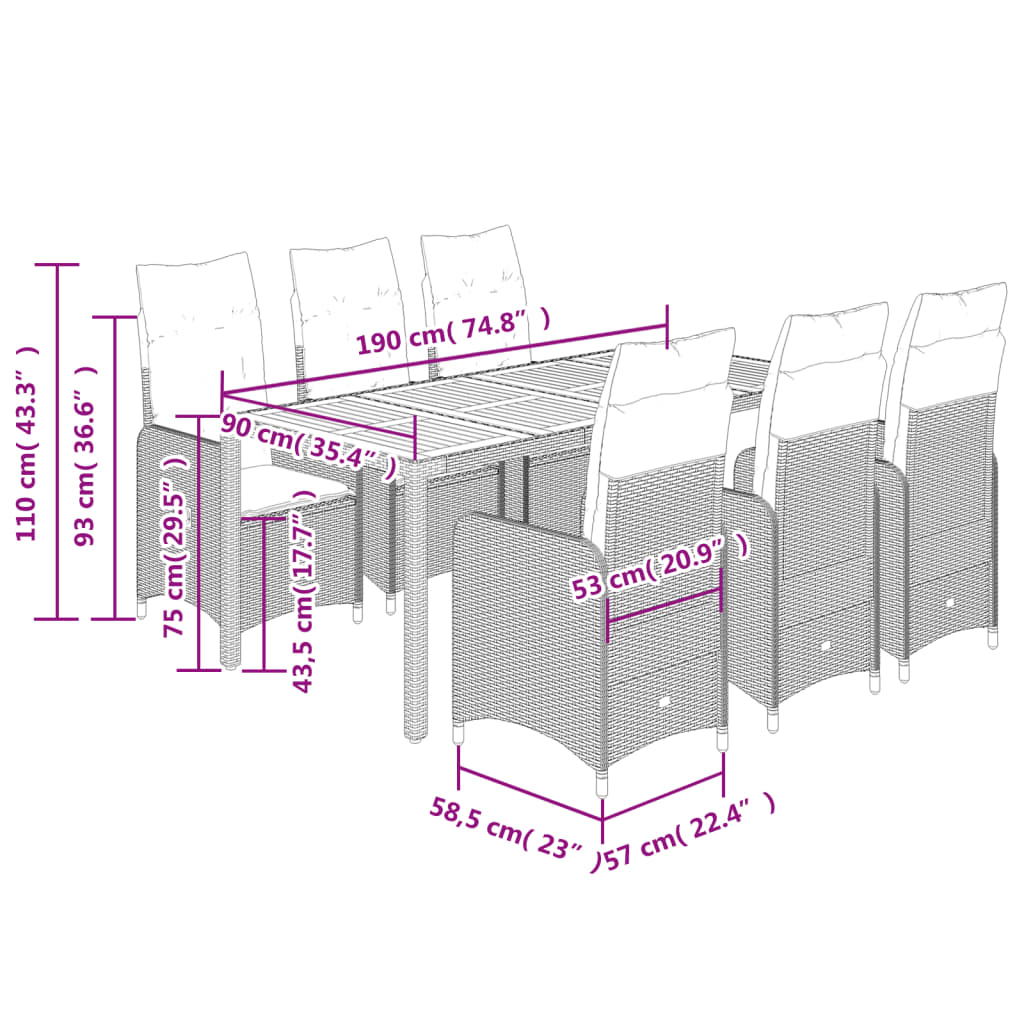 Set bistro de gradina cu perne, 9 piese, gri, poliratan — imaginea 9