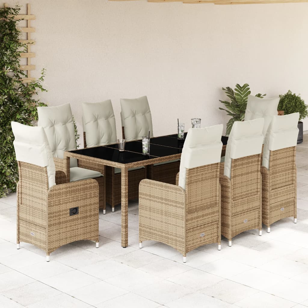 Set bistro de gradina, 9 piese, cu perne, bej, poliratan — imaginea 2