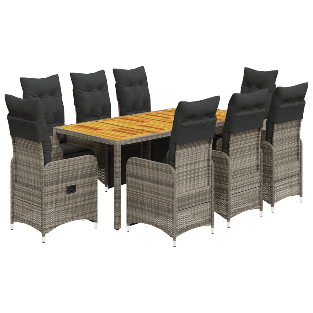 Set bistro de gradina cu perne, 9 piese, gri, poliratan