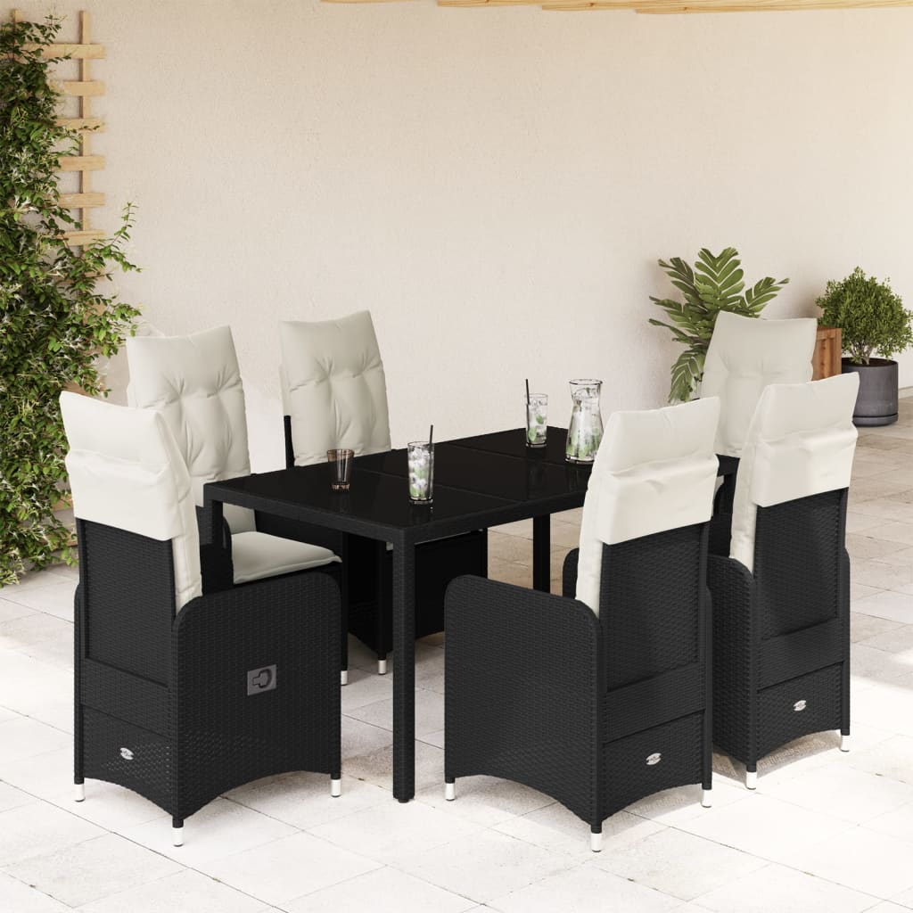 Set bistro de gradina, 7 piese, cu perne, negru, poliratan — imaginea 2