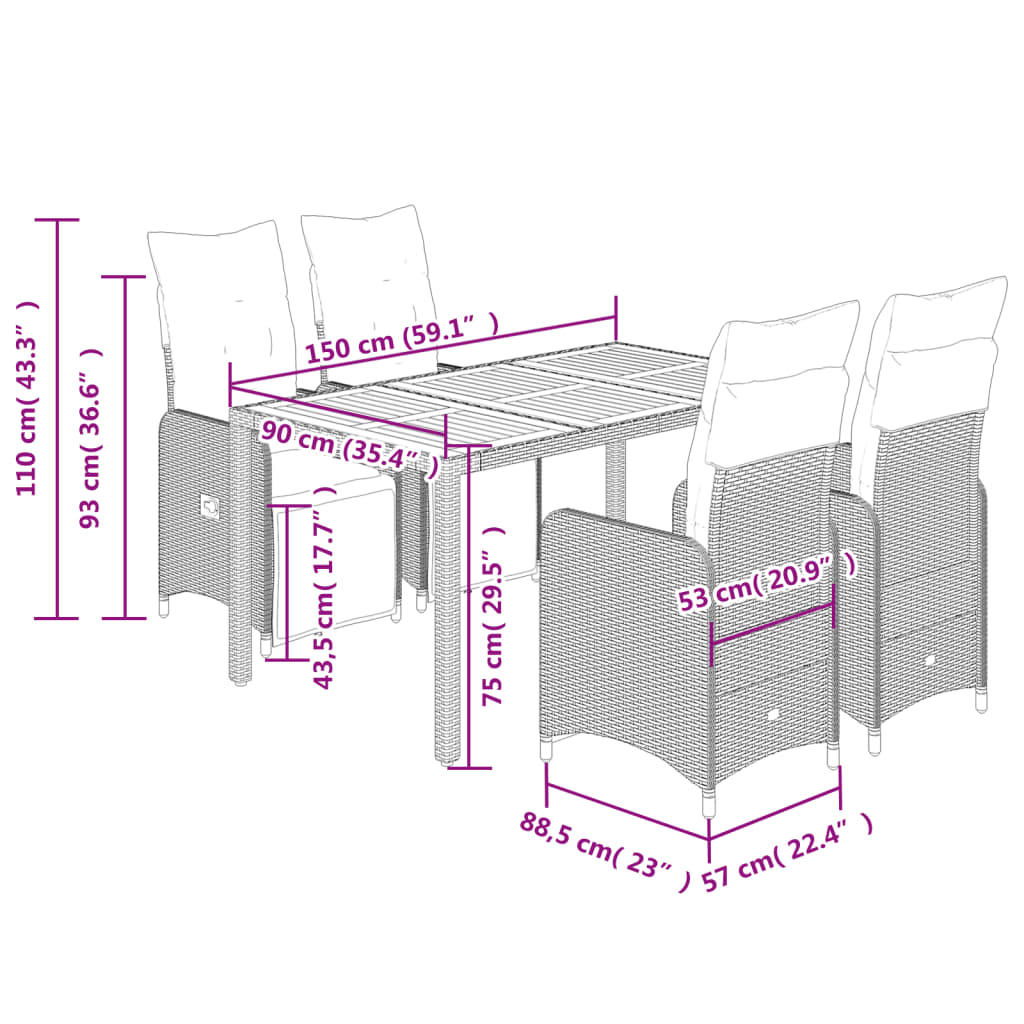 Set bistro de gradina cu perne, 5 piese, negru, poliratan — imaginea 7