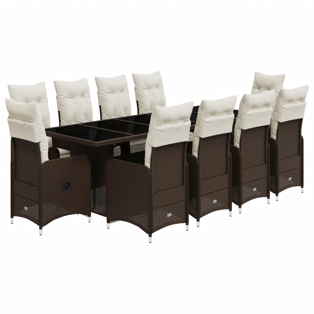 Set bistro de gradina cu perne, 11 piese, maro, poliratan