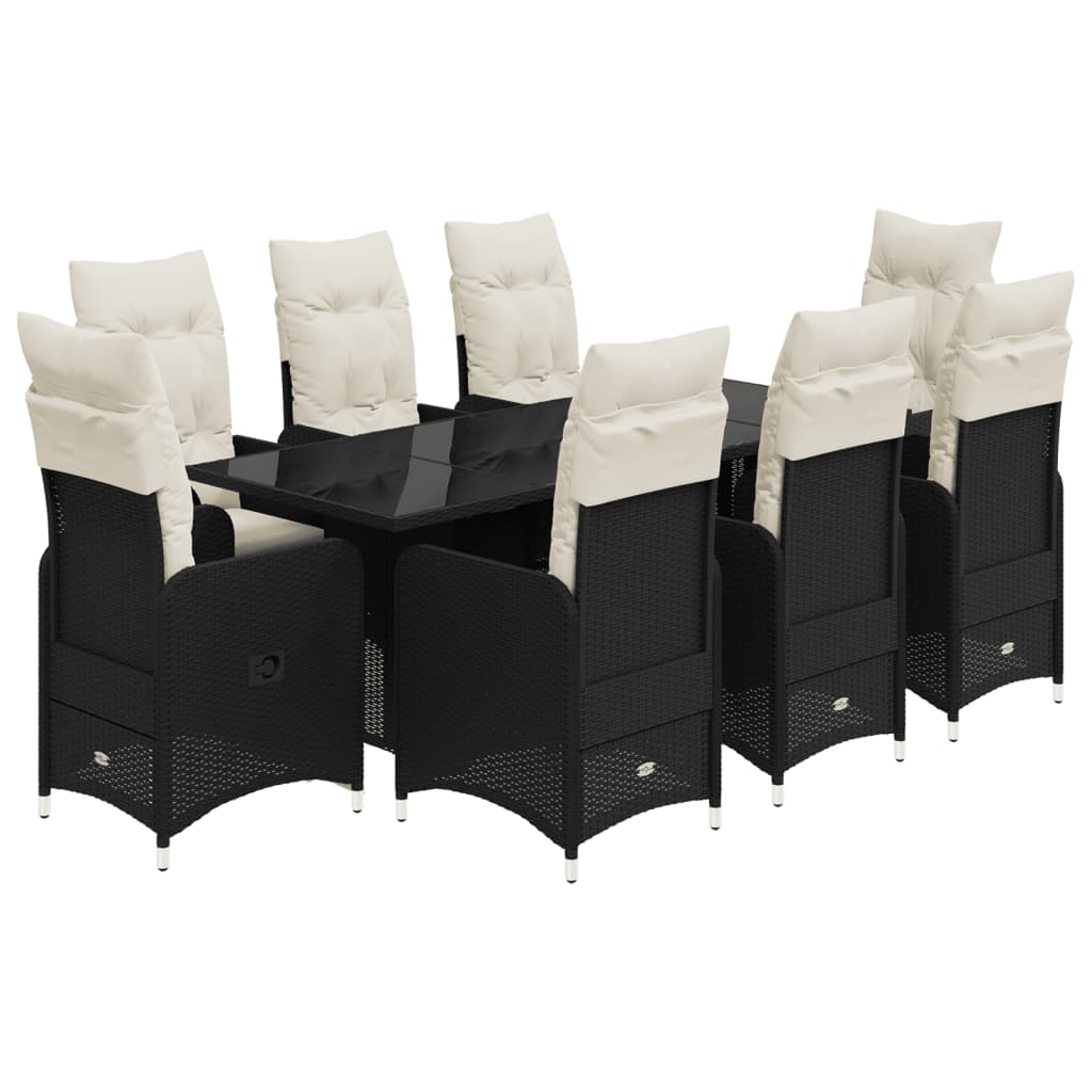 Set bistro de gradina, 9 piese, cu perne, negru, poliratan
