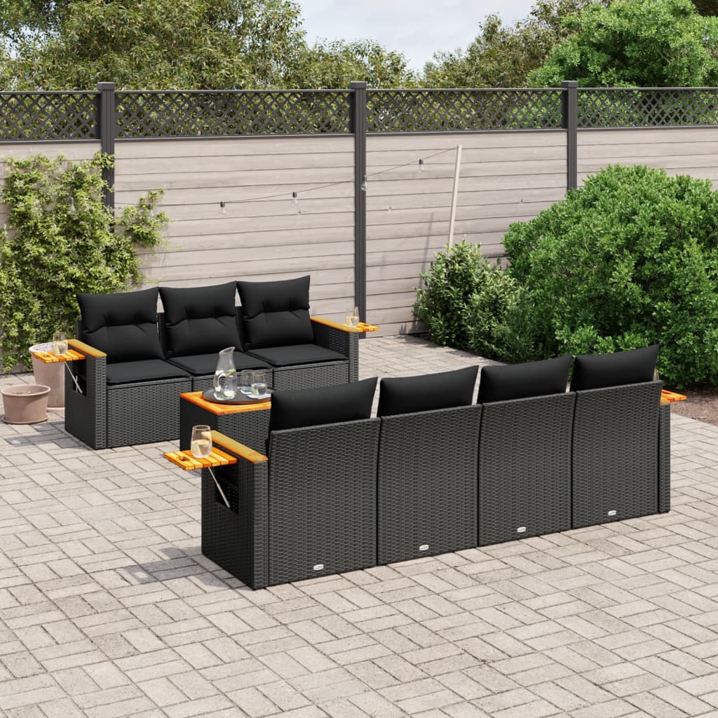 Set mobilier de gradina cu perne, 8 piese, negru, poliratan — imaginea 2