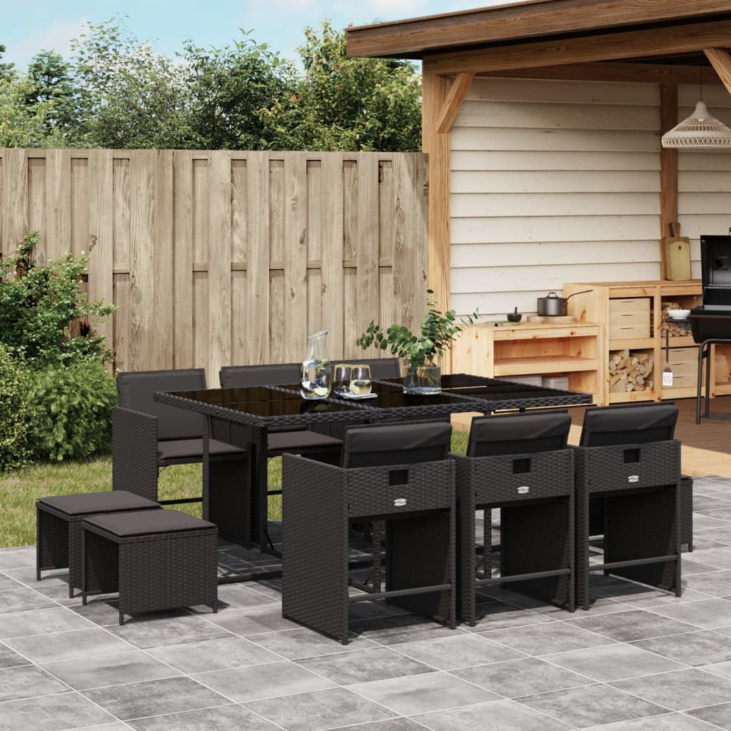 Set mobilier de exterior cu perne, 11 piese, negru, poliratan — imaginea 2