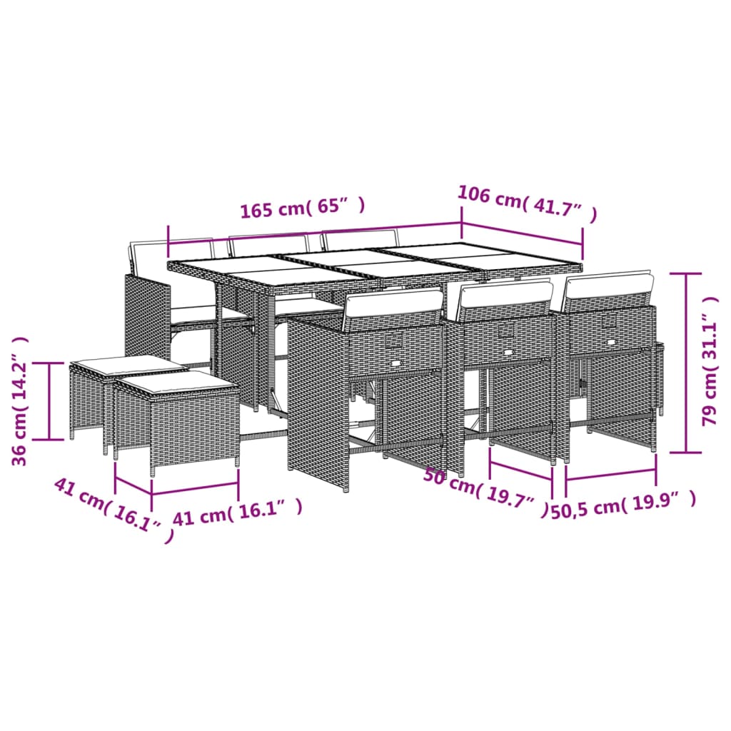 Set mobilier de exterior cu perne, 11 piese, negru, poliratan — imaginea 11