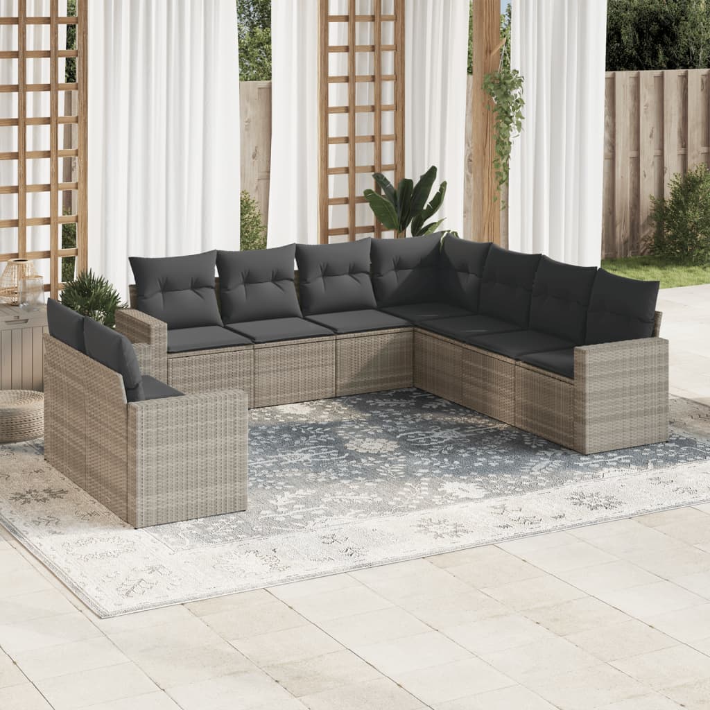 Set canapele de gradina cu perne, 9 piese gri deschis poliratan — imaginea 2