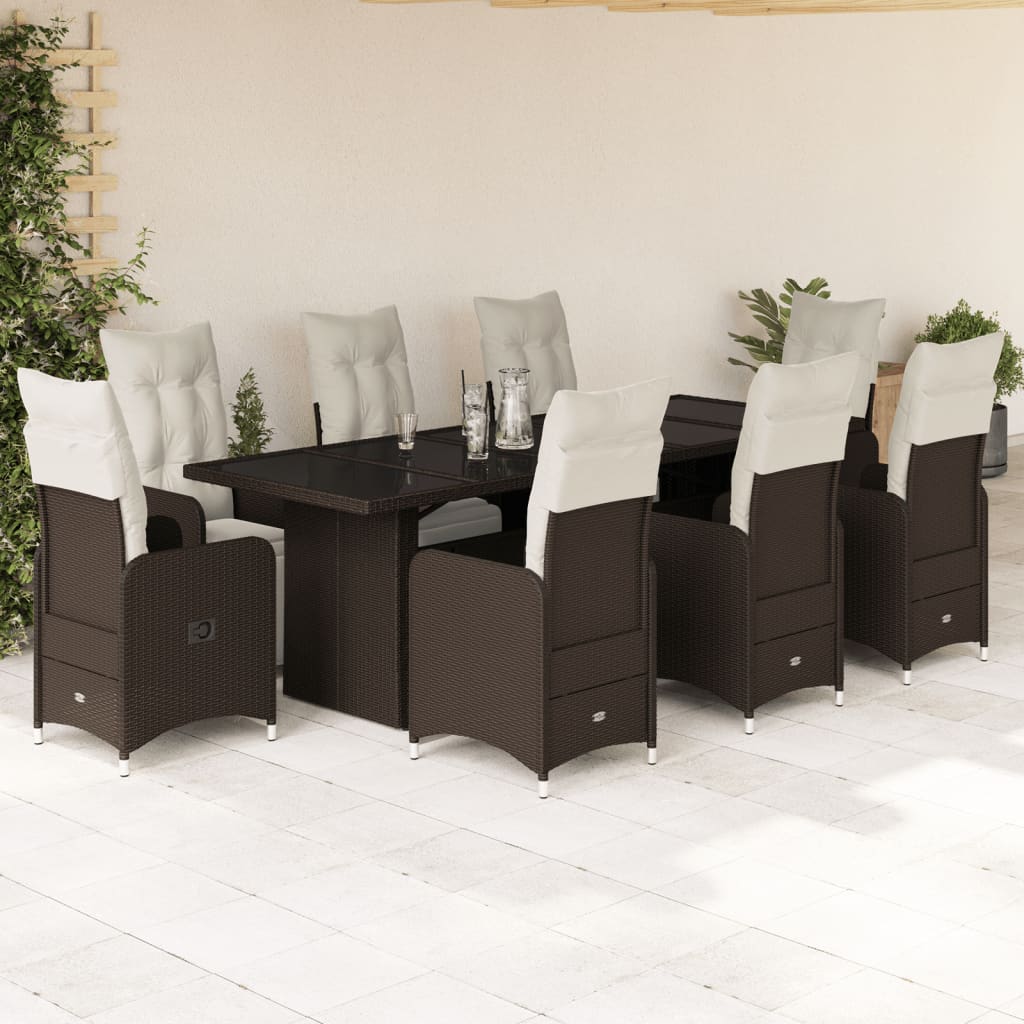Set bistro de gradina cu perne, 9 piese, maro, poliratan — imaginea 2