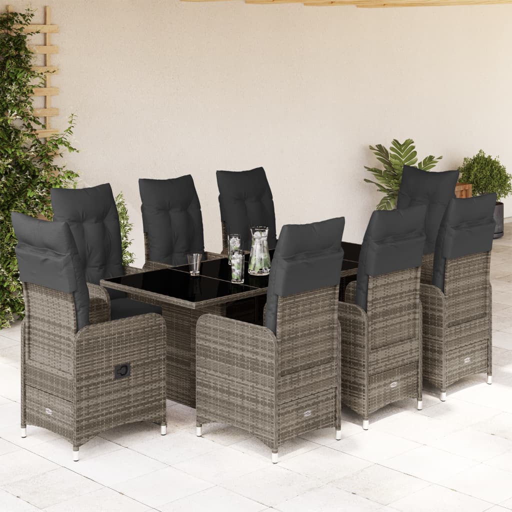 Set bistro de gradina cu perne, 9 piese, gri, poliratan — imaginea 2