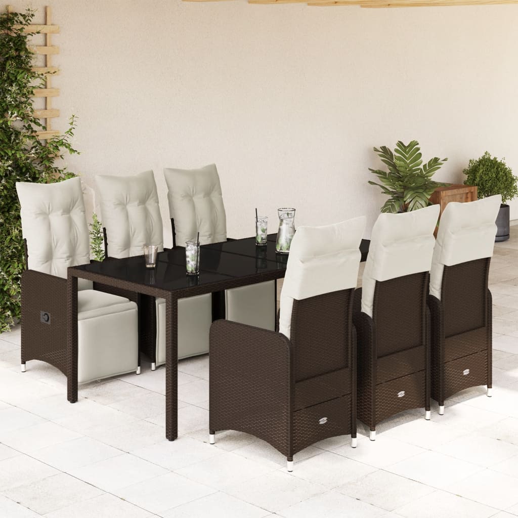 Set bistro de gradina cu perne, 7 piese, maro, poliratan — imaginea 2
