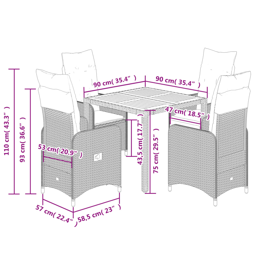 Set bistro de gradina cu perne, 5 piese, gri, poliratan — imaginea 9