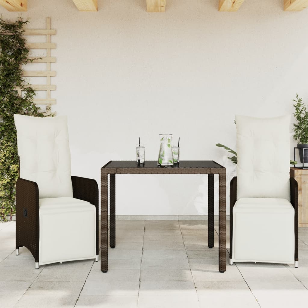Set bistro de gradina, 3 piese, cu perne, maro, poliratan — imaginea 2