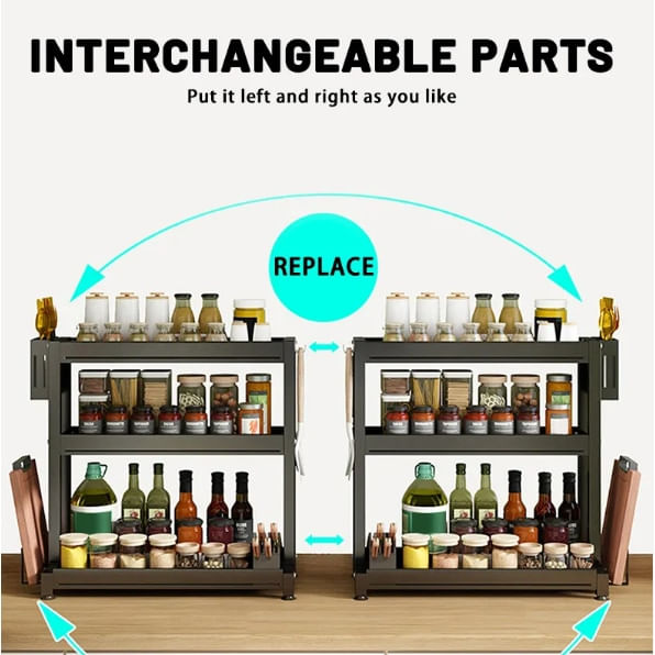Raft universal pentru bucatarie, 3 polite, sertar, suport cutite, ustensile de gatit, tocator, 4 carlige, metalic — imaginea 3