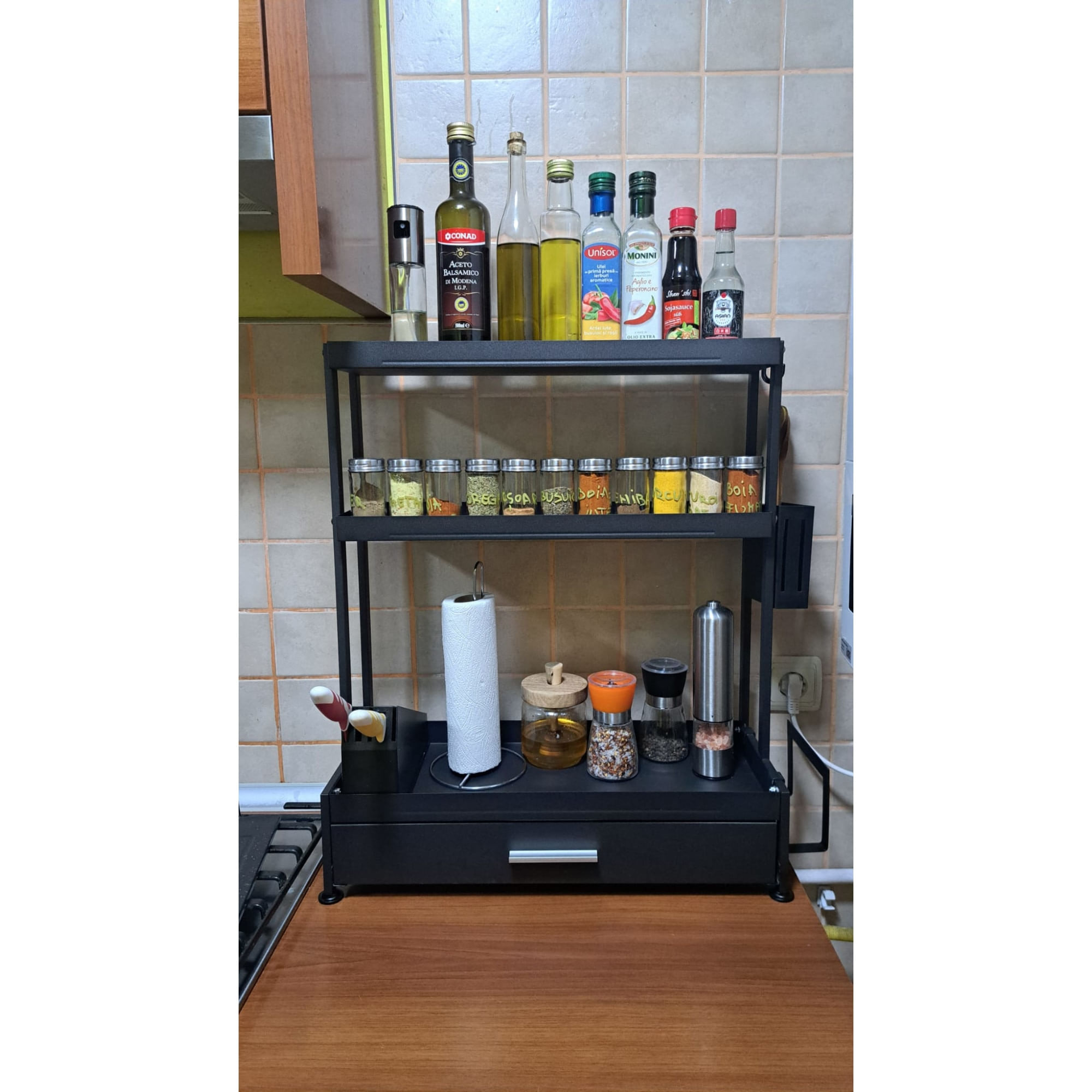 Raft universal pentru bucatarie, 3 polite, sertar, suport cutite, ustensile de gatit, tocator, 4 carlige, metalic — imaginea 5