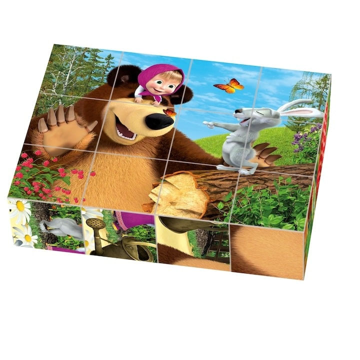 Cuburi de lemn, Model Masha si Ursul, 12 bucati, Multicolor