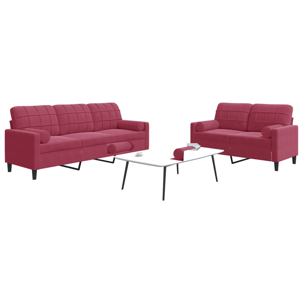 Set canapea cu perne/rulouri, 2 piese, rosu vin, catifea — imaginea 2