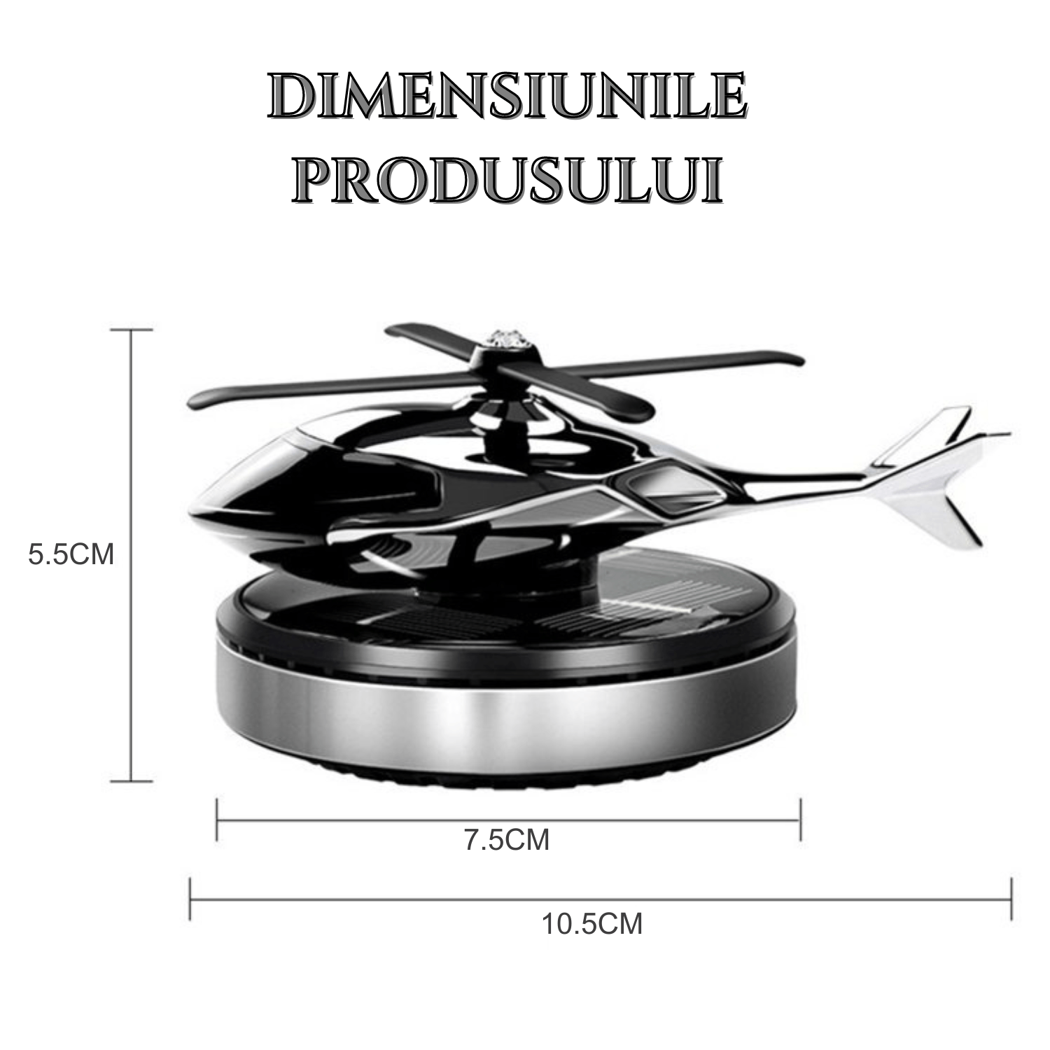 Odorizant auto cu incarcare solara, baza antiderapanta, Ulei parfumat si pipeta incluse, model elicopter