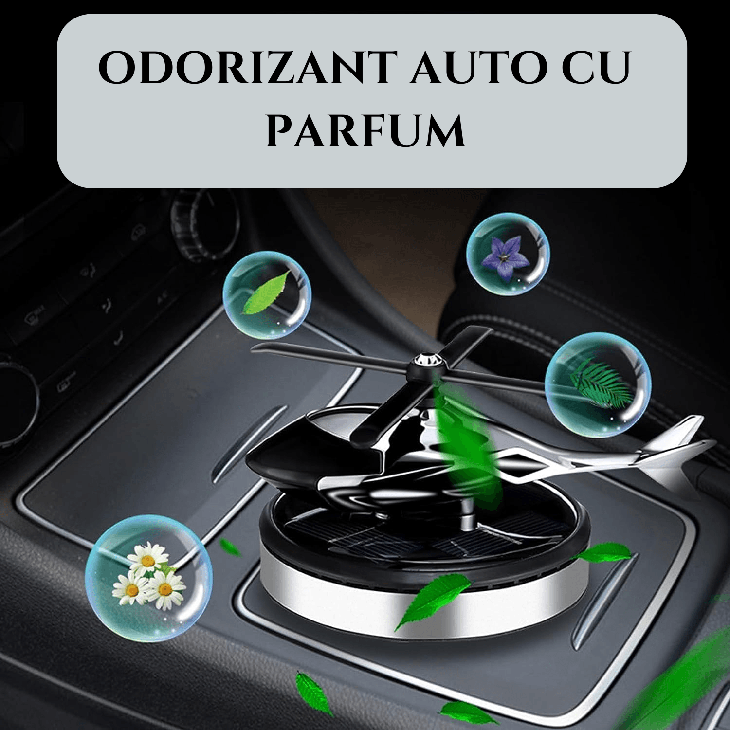 Odorizant auto cu incarcare solara, baza antiderapanta, Ulei parfumat si pipeta incluse, model elicopter - 3 | YEO