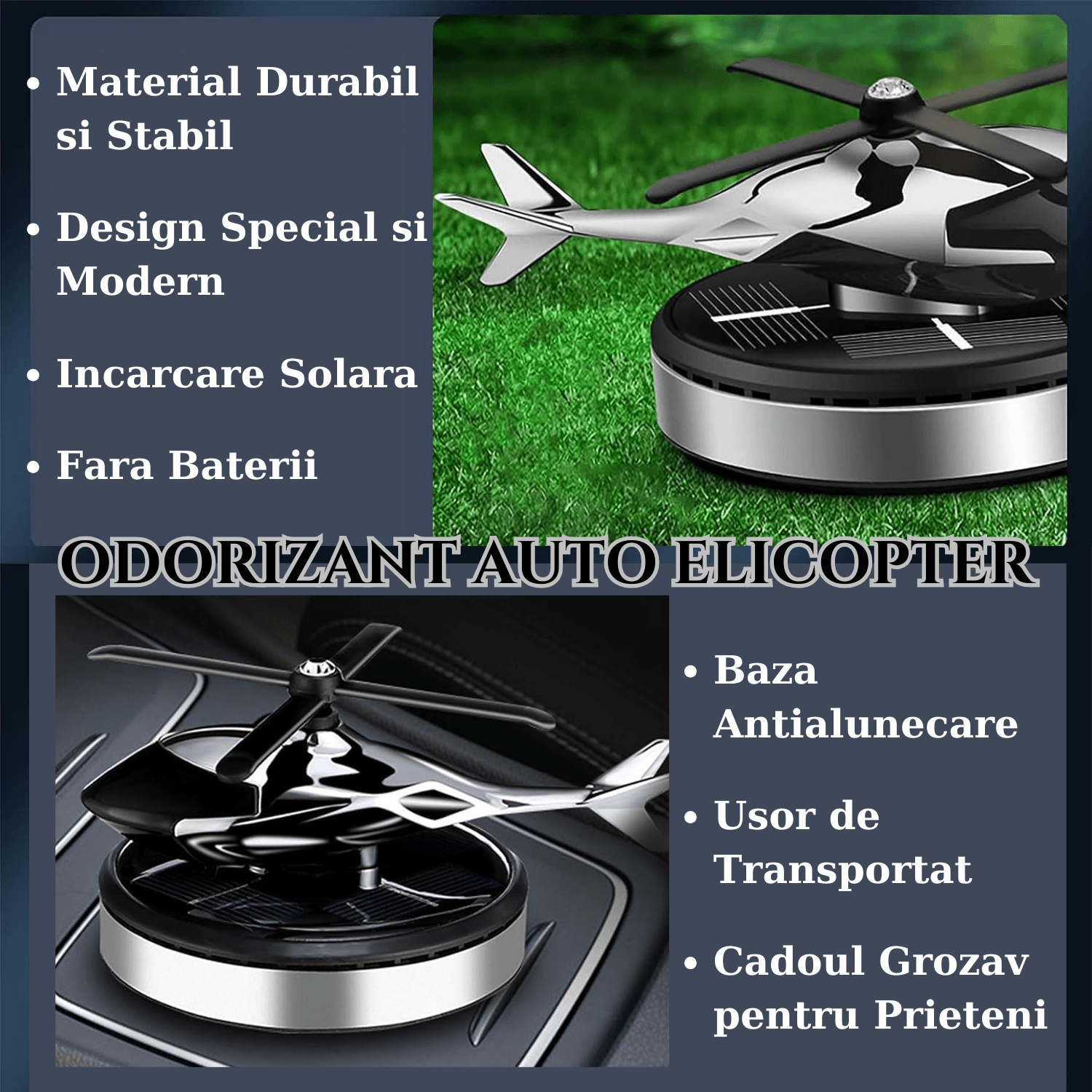 Odorizant auto cu incarcare solara, baza antiderapanta, Ulei parfumat si pipeta incluse, model elicopter - imagine 6