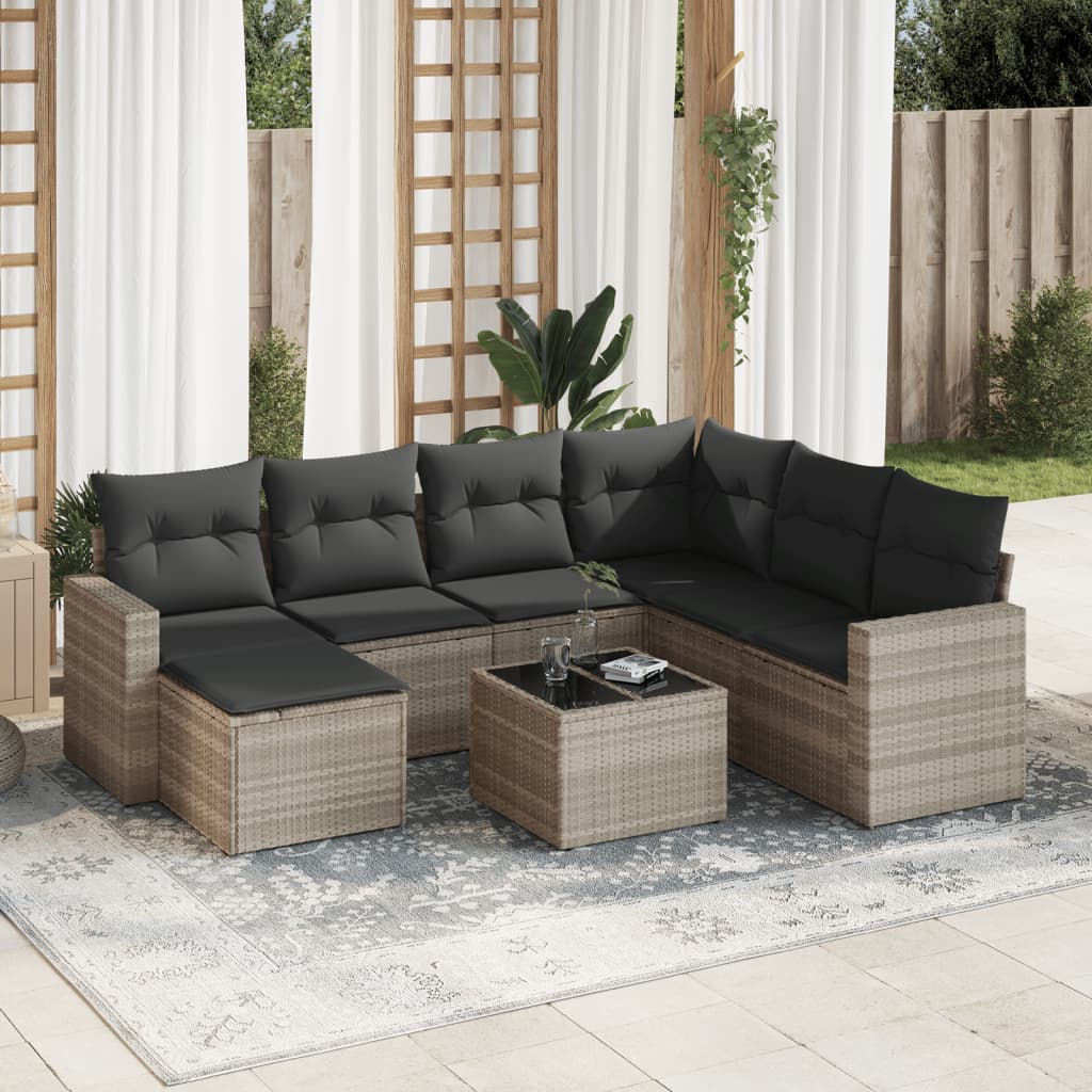 Set mobilier de gradina cu perne, 8 piese gri deschis poliratan — imaginea 2