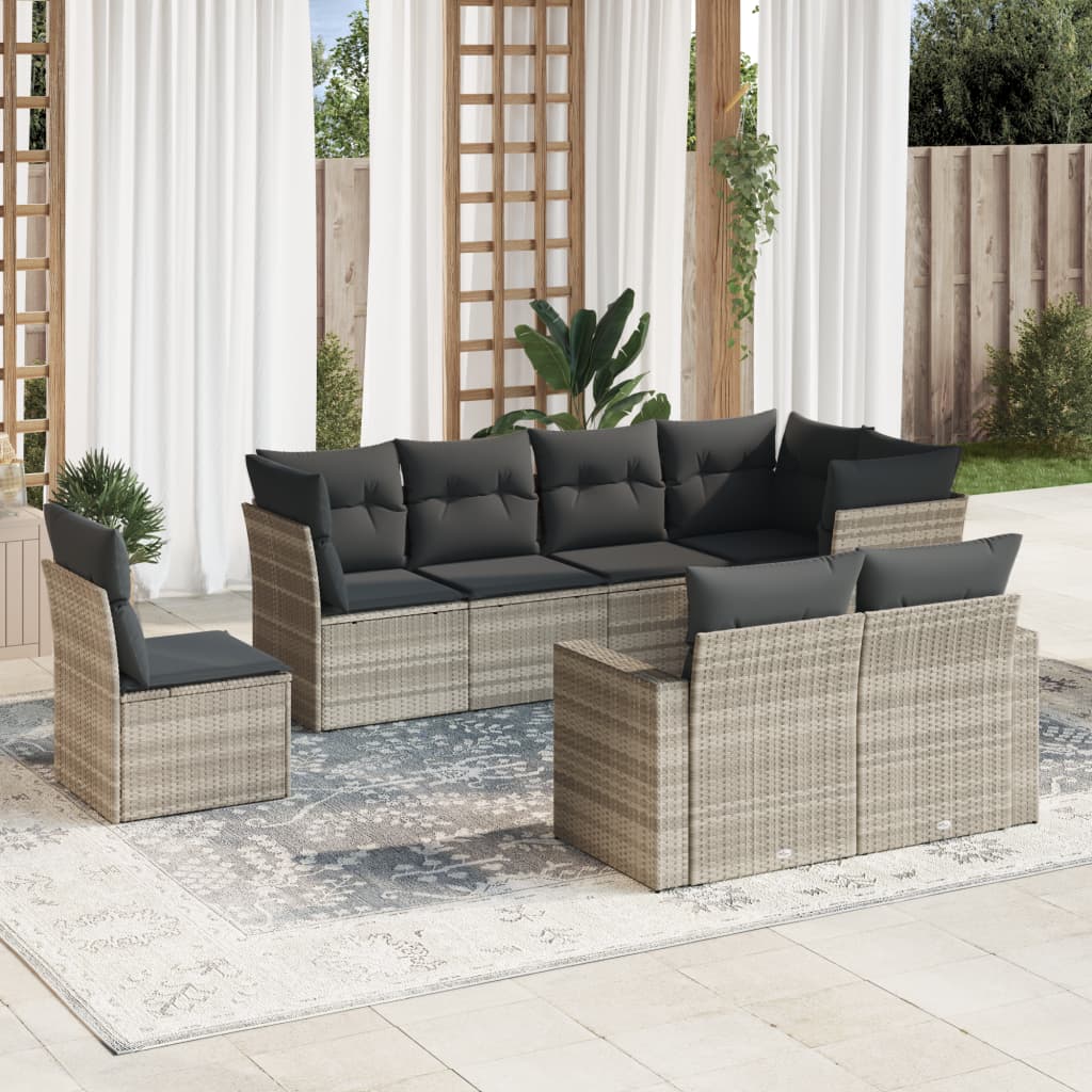 Set mobilier de gradina cu perne, 8 piese gri deschis poliratan — imaginea 2