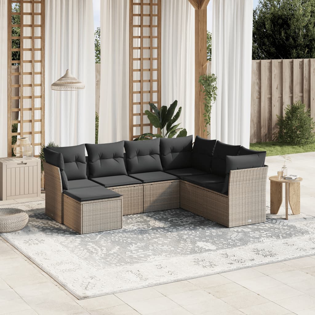 Set canapele de gradina cu perne, 7piese gri deschis poliratan — imaginea 2