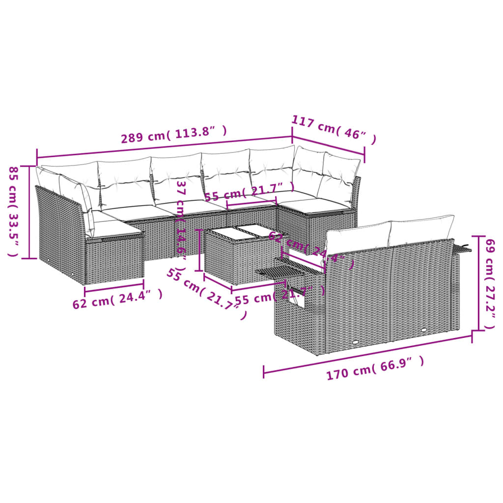 Set canapele de gradina cu perne 10 piese gri deschis poliratan — imaginea 9
