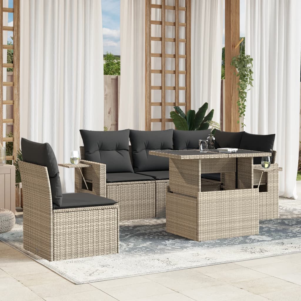 Set canapele de gradina cu perne, 6 piese gri deschis poliratan — imaginea 2