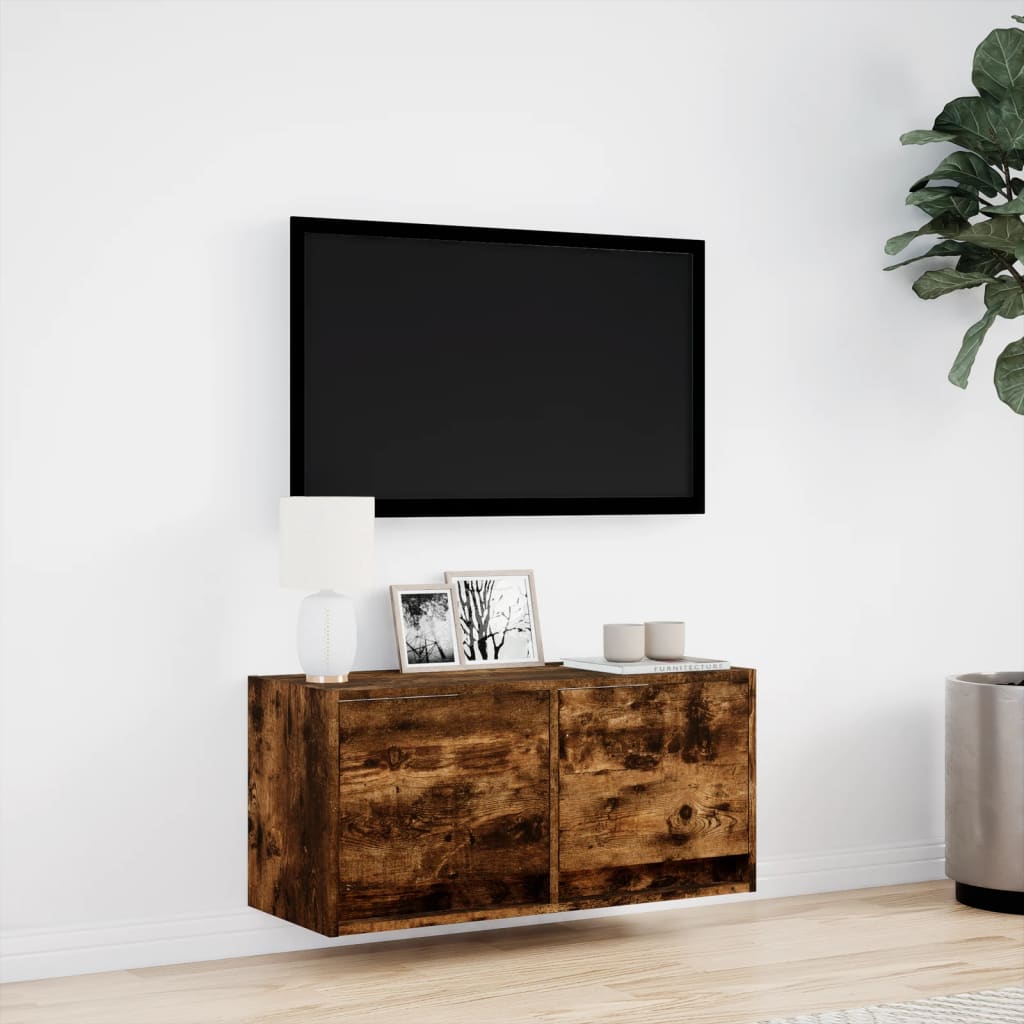 Comoda TV de perete cu lumini LED, stejar fumuriu, 80x31x38 cm — imaginea 4