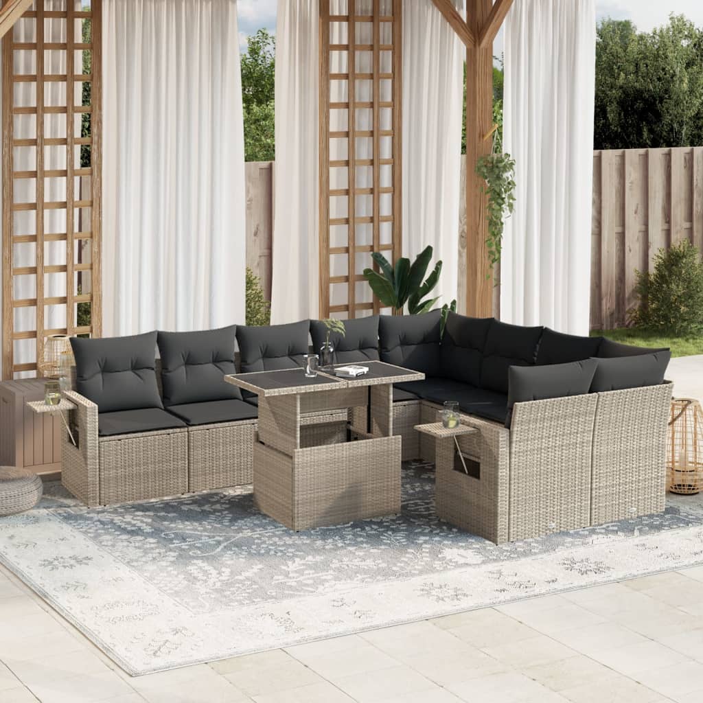 Set canapele de gradina cu perne 10 piese gri deschis poliratan — imaginea 2