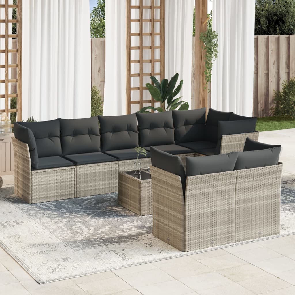 Set canapele de gradina cu perne, 9 piese gri deschis poliratan — imaginea 2