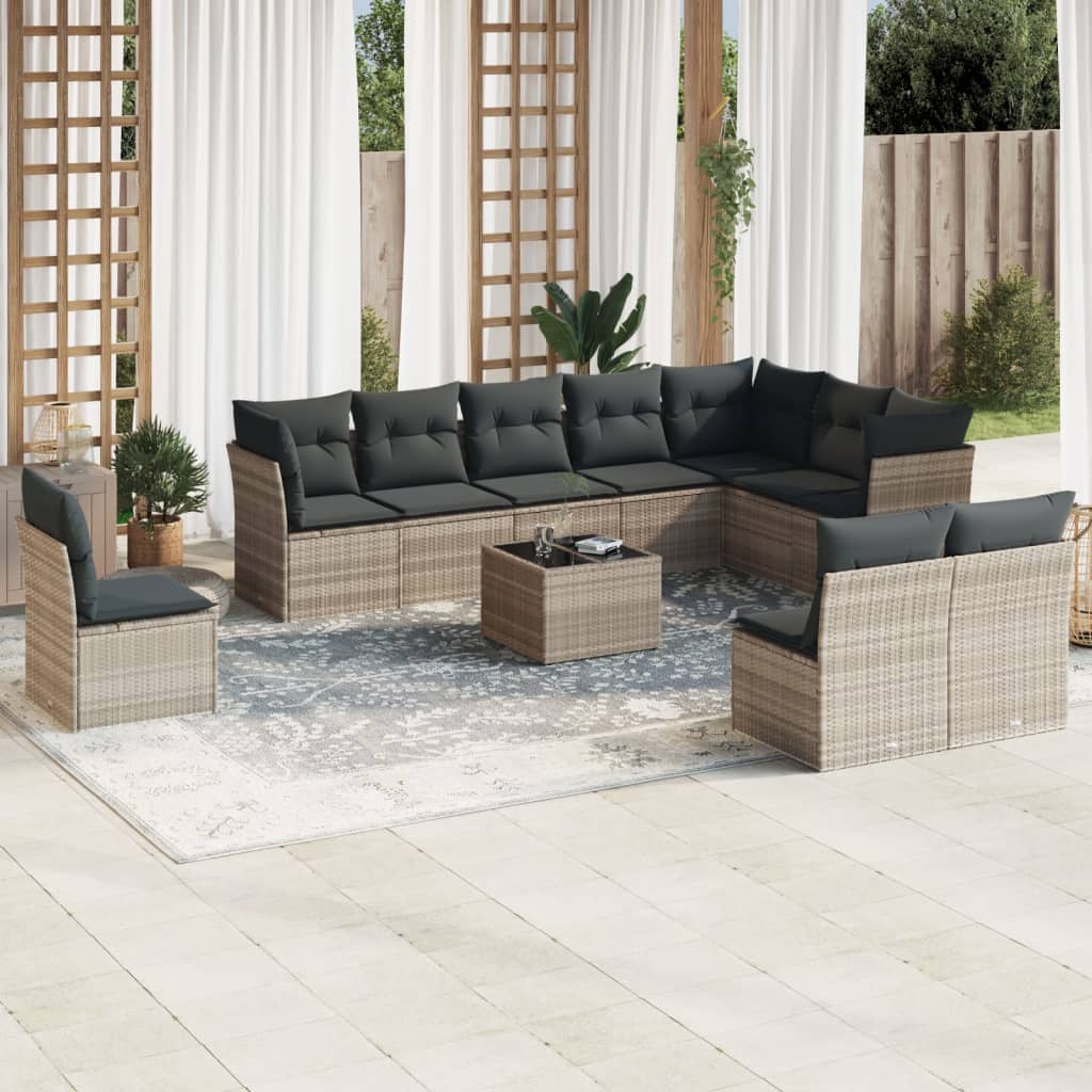 Set canapele de gradina cu perne, 11 piese, gri, poliratan — imaginea 2