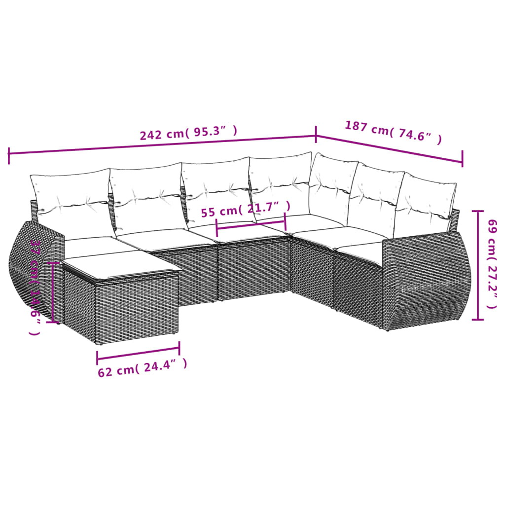 Set canapele de gradina cu perne, 7piese gri deschis poliratan — imaginea 3
