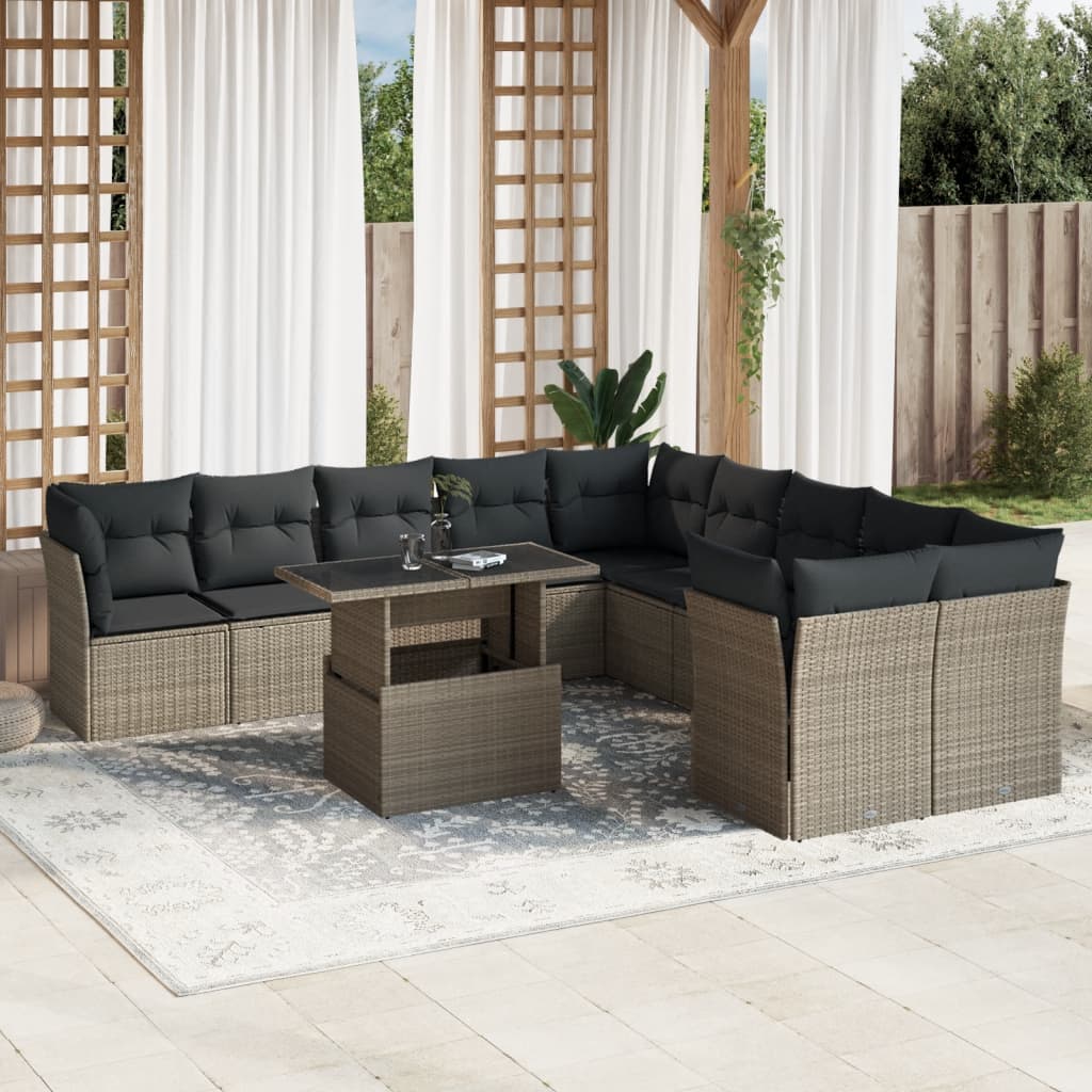 Set canapele de gradina cu perne, 11 piese, gri, poliratan — imaginea 2