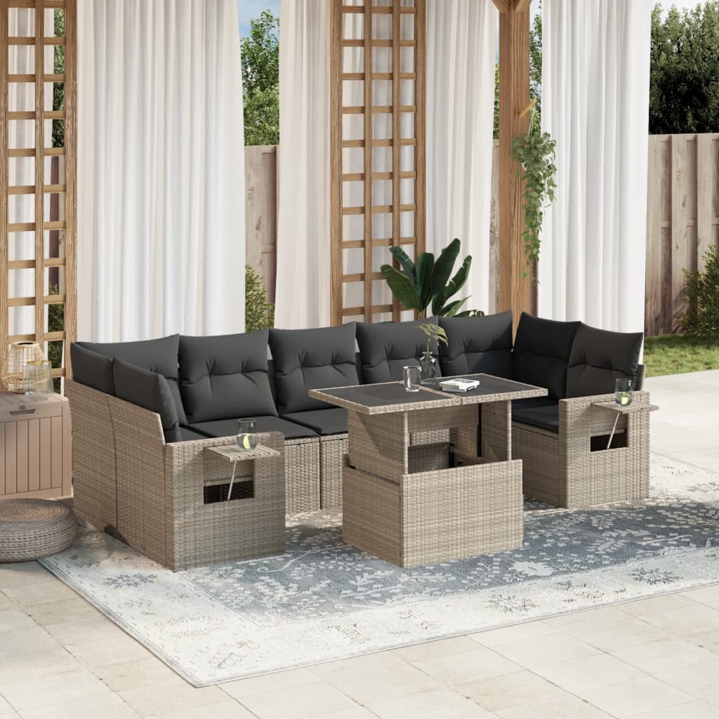 Set mobilier de gradina cu perne, 8 piese gri deschis poliratan — imaginea 2