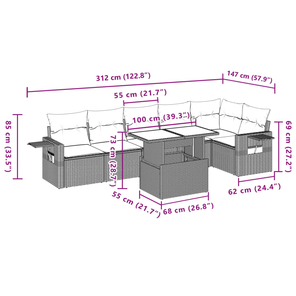 Set canapele de gradina cu perne, 7piese gri deschis poliratan — imaginea 11