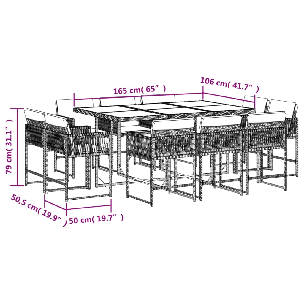 Set mobilier de exterior cu perne, 11 piese, negru, poliratan — imaginea 5