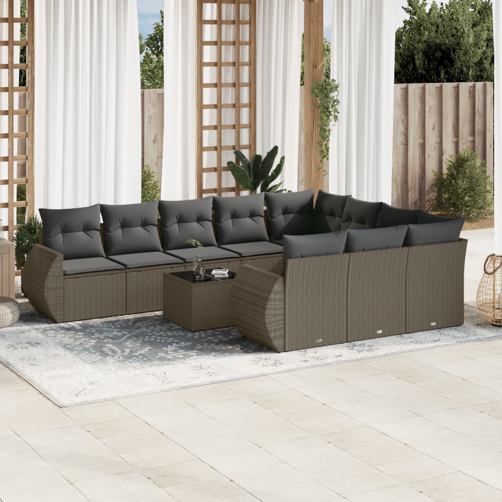 Set canapele de gradina cu perne, 11 piese, gri, poliratan — imaginea 2