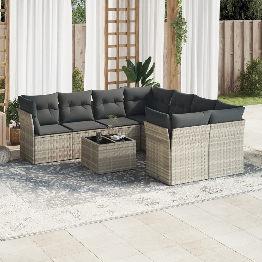 Set canapele de gradina cu perne, 9 piese gri deschis poliratan — imaginea 2
