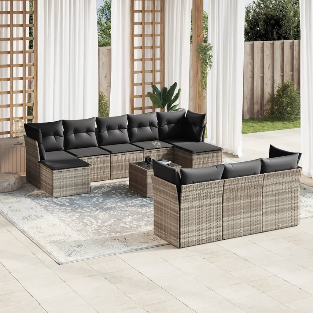 Set canapele de gradina cu perne, 11 piese, gri, poliratan — imaginea 2