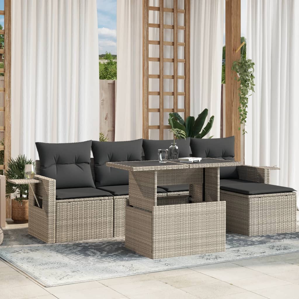 Set canapele de gradina cu perne, 6 piese gri deschis poliratan — imaginea 2