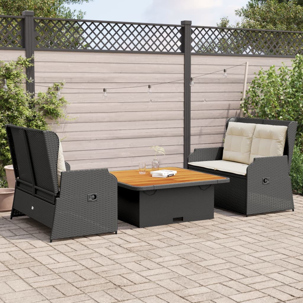 Set mobilier de gradina cu perne, 3 piese, negru, poliratan — imaginea 2
