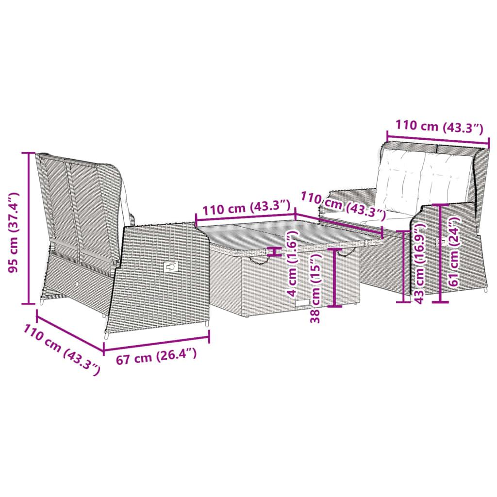 Set mobilier de gradina cu perne, 3 piese, negru, poliratan — imaginea 9