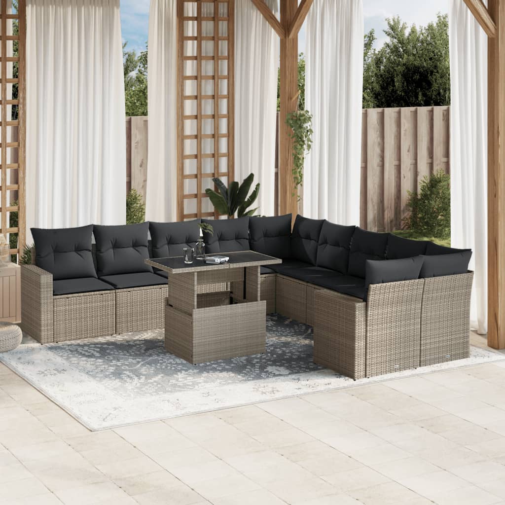 Set canapele de gradina cu perne, 11 piese, gri, poliratan — imaginea 2