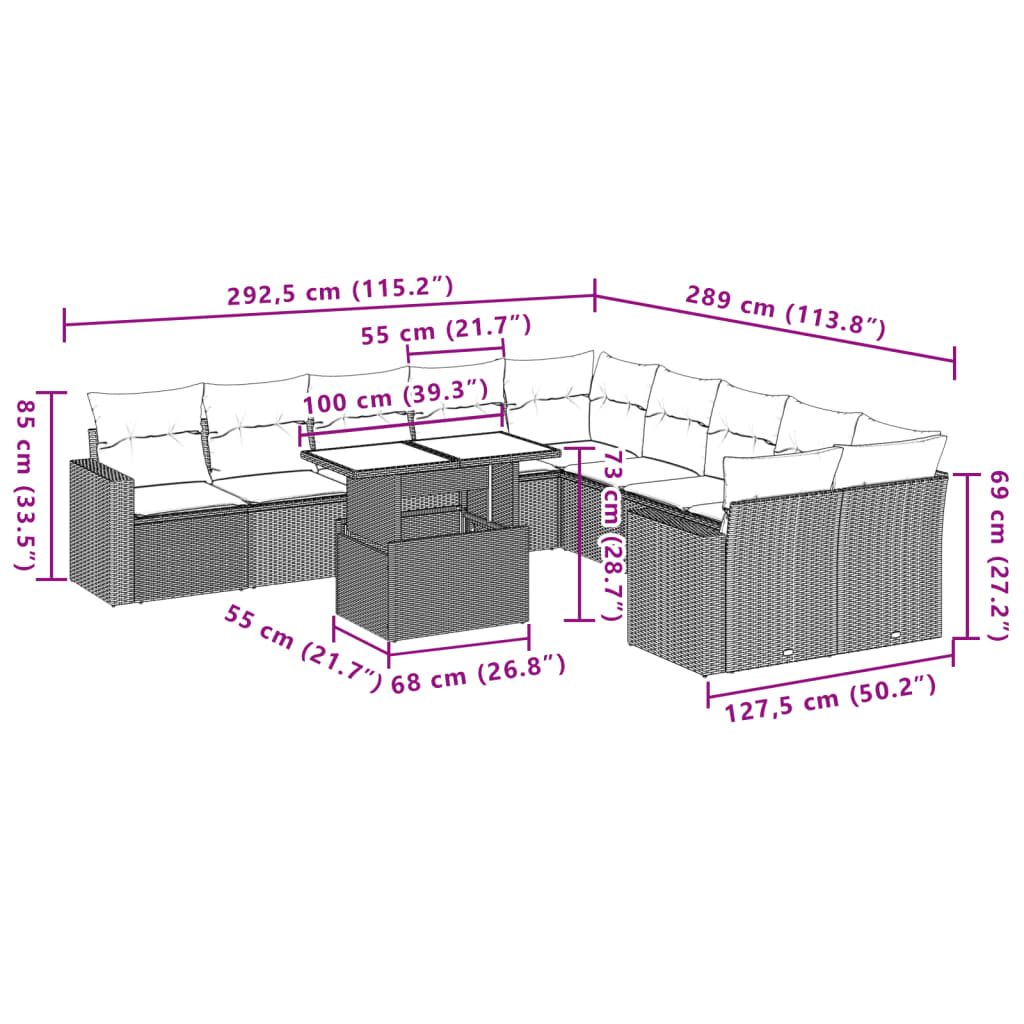 Set canapele de gradina cu perne, 11 piese, gri, poliratan — imaginea 10