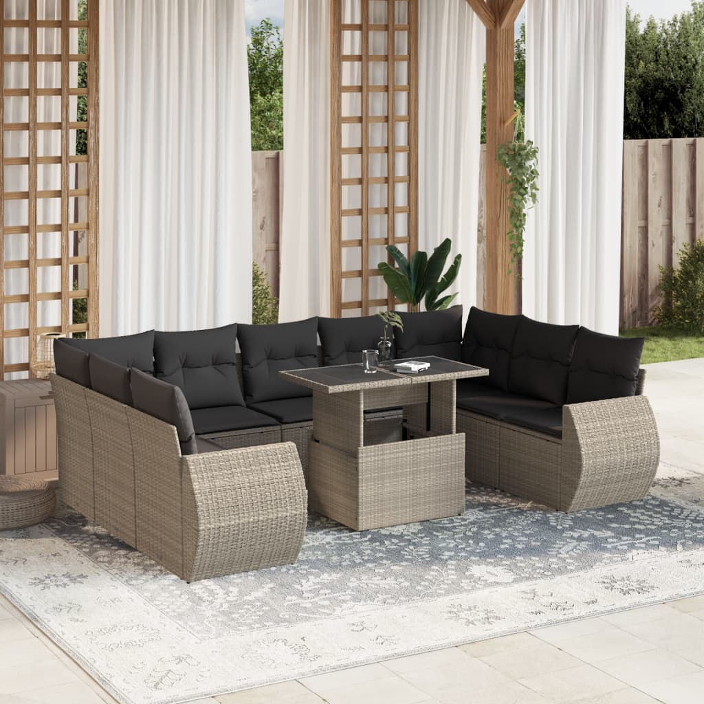 Set canapele de gradina cu perne 10 piese gri deschis poliratan — imaginea 2
