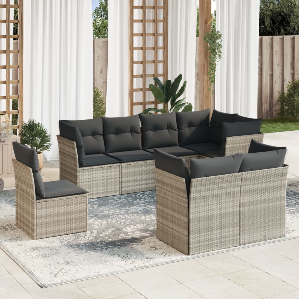 Set mobilier de gradina cu perne, 8 piese gri deschis poliratan — imaginea 2
