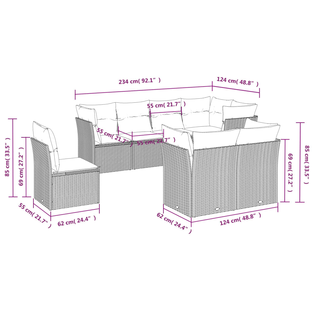 Set mobilier de gradina cu perne, 8 piese gri deschis poliratan — imaginea 3