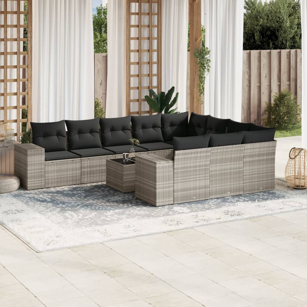 Set canapele de gradina cu perne, 11 piese, gri, poliratan — imaginea 2
