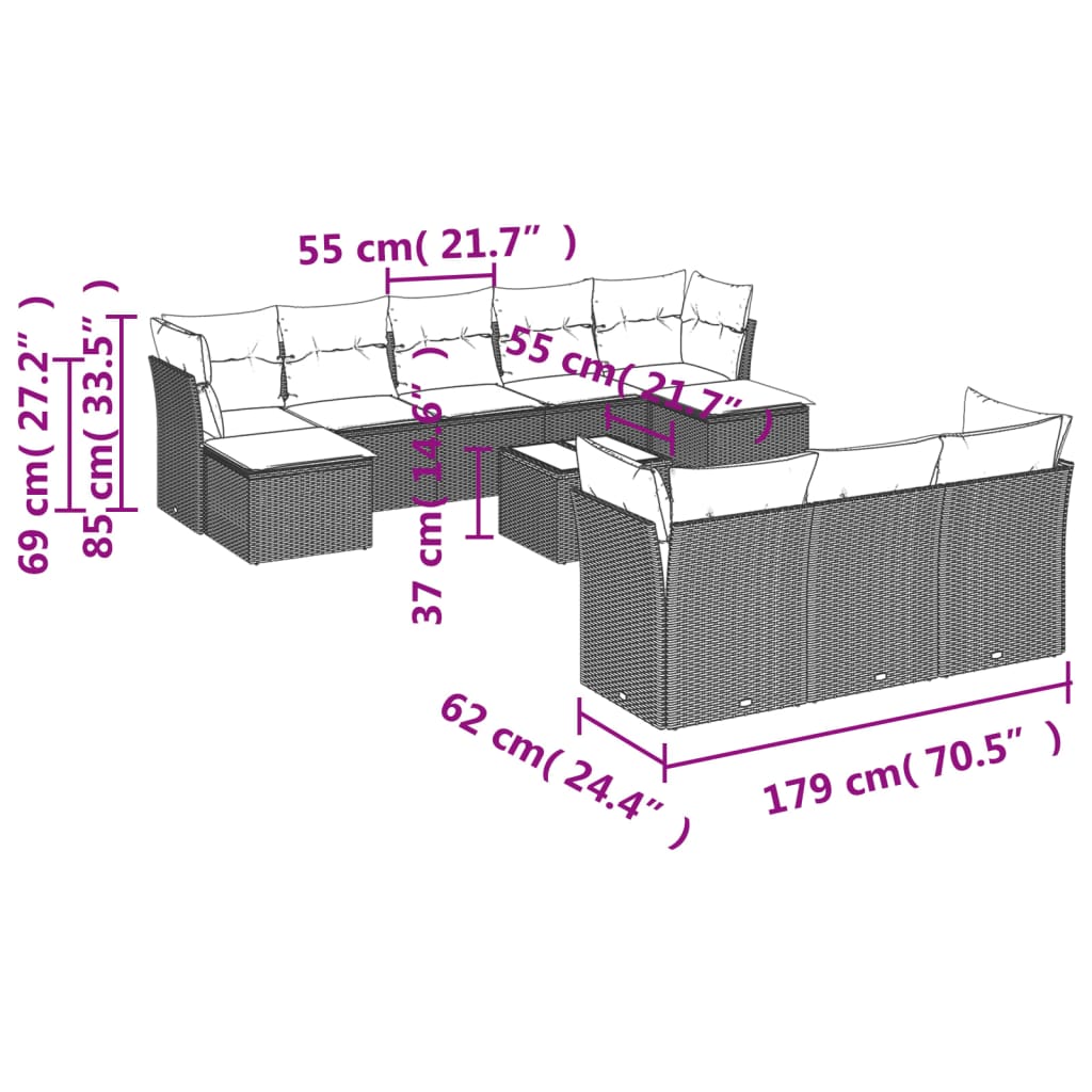 Set canapele de gradina cu perne 10 piese gri deschis poliratan — imaginea 3